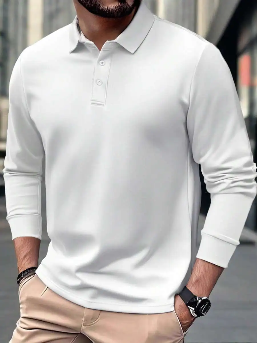 

Men's Long Sleeve Solid Color Polo Shirt, Lightweight Polyester, Casual Fit for Daily Wear