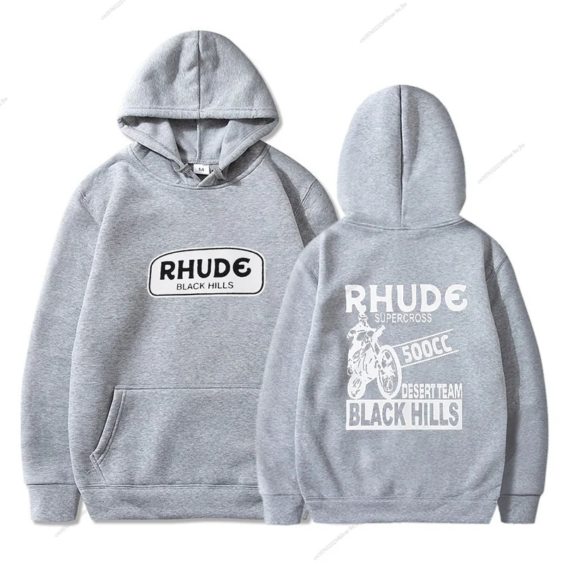 Official Trendy Brand Unisex Rhude Supercross Black Hills High Gram Weight Pure Cotton Terry Hoodie Sweater Women Fast Delivery