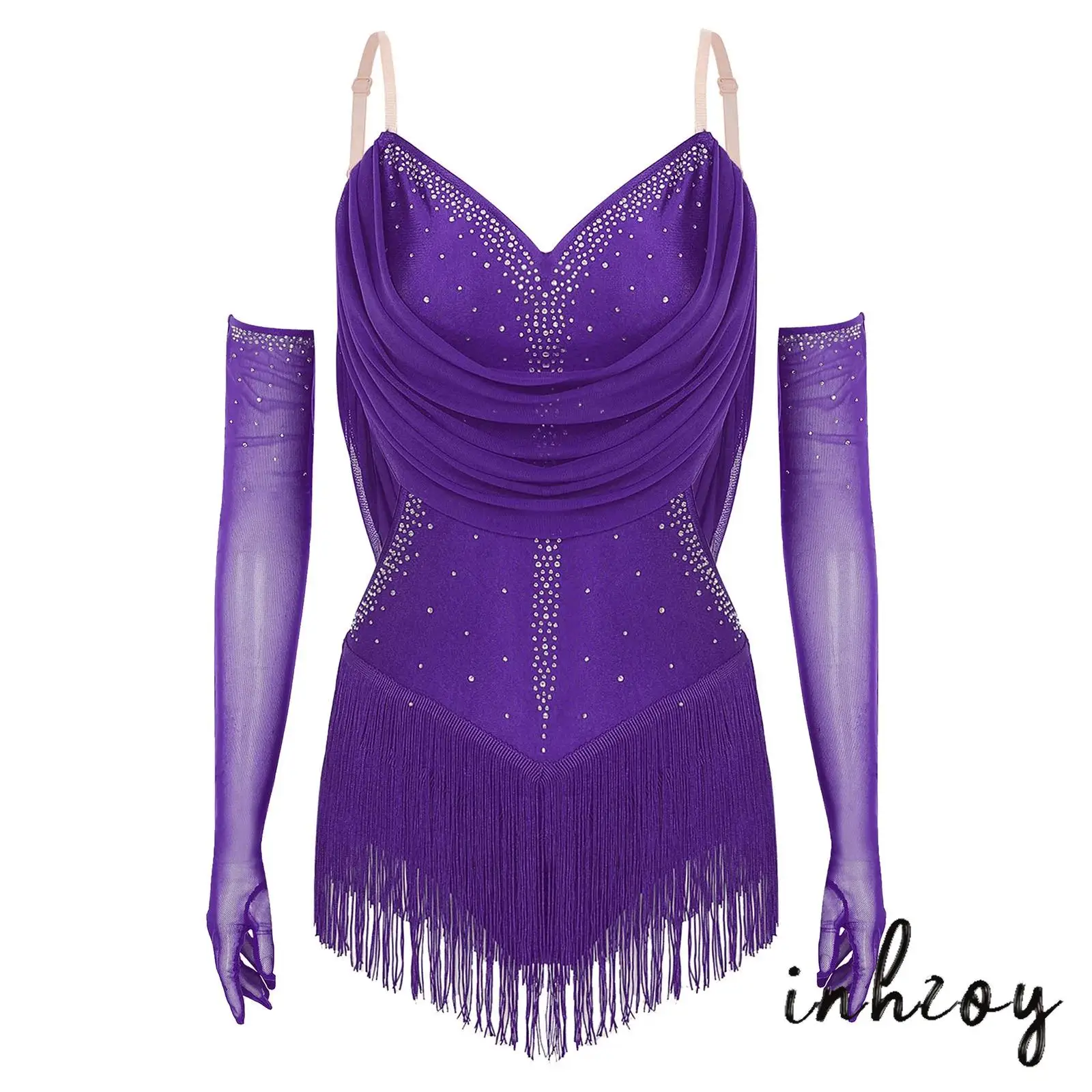 

Women Radiant Latin Chacha Dance Bodysuit with Gloves Glittering Rhinestones Elegant Tango Latin Ballet Dance Performance Outfit