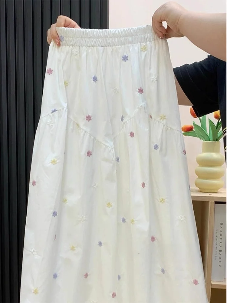 

Sweet Floral Print White High Waist Midi Skirt Women's A-Line Pleated f-length Summer Autumn Faion College Sle