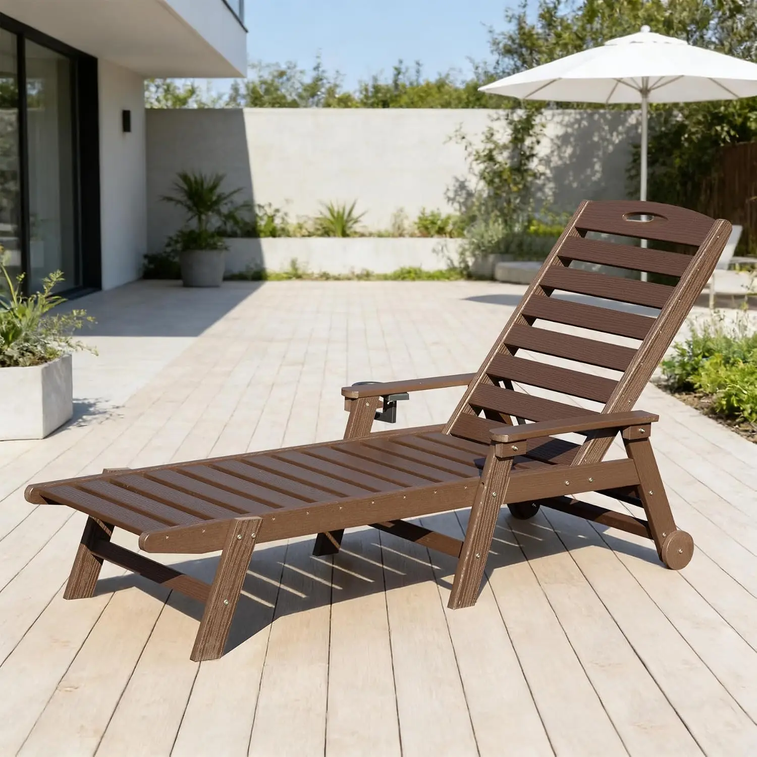 Domi HDPE Pool Patio Chaise Lounge Chair Outdoor Lounger Chair | Brown, Wheels, Adjustable, Cup Holder, Customized