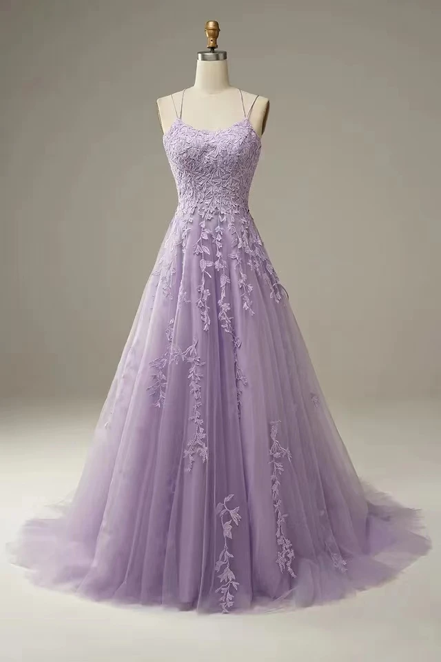 

Customized Lavender Spaghetti Strap Prom Dresses Open Back Party Dress 2025 Elegant Lace Applique A-Line Lace-up Evening Dress