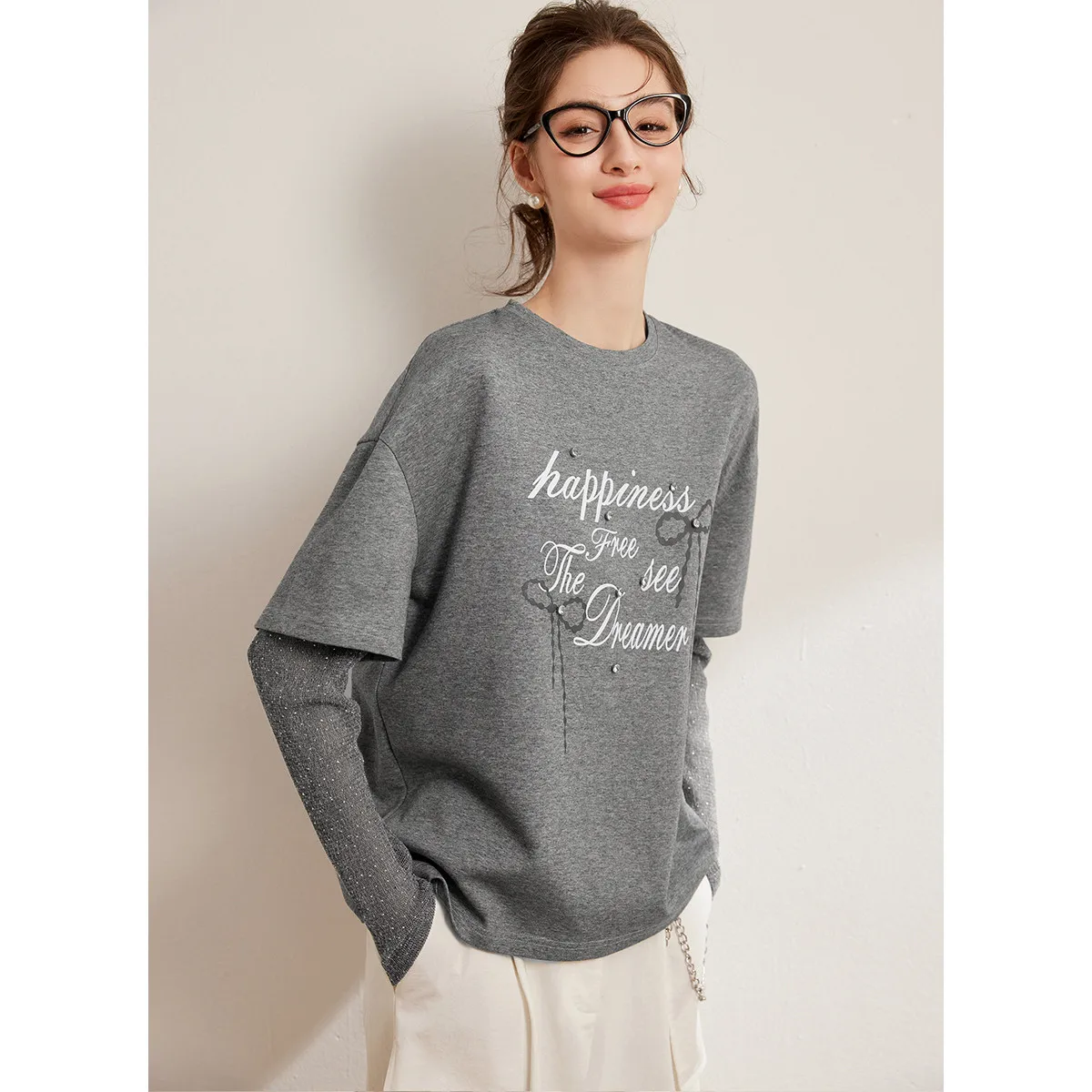 LOUIS YAO 2025 Fake Two Pieces Design T-shirt Casual Round Neck Printed Micro Elastic Loose Women's T-shirt