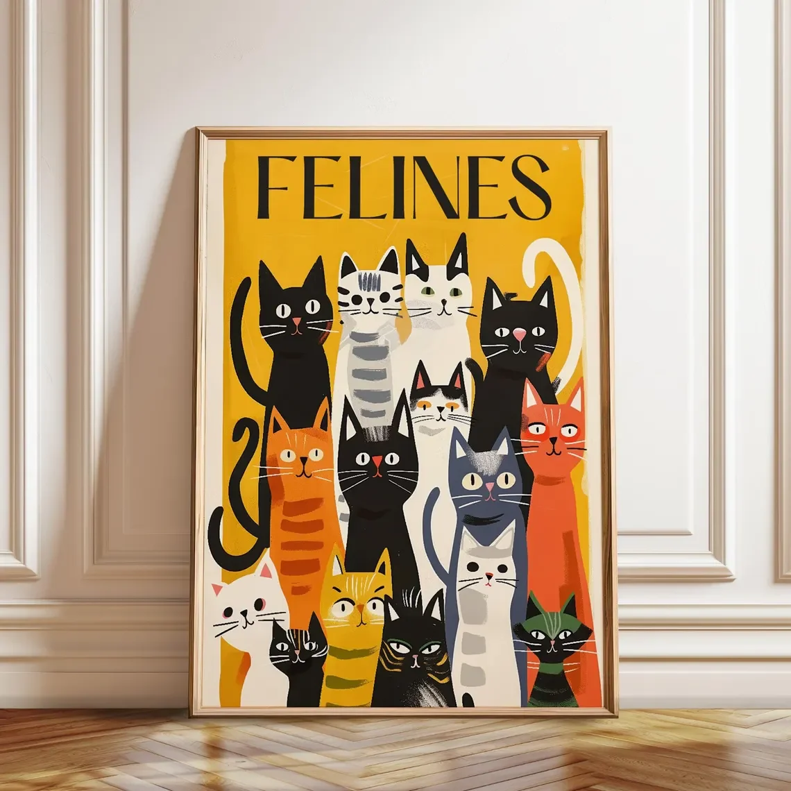 Retro-Wanddruck mit Katzen-Collage – Lebendiges Mid-Century-Modern-Kunstposter für einen verspielten Wohnzimmer-Akzent, farbenfroh B