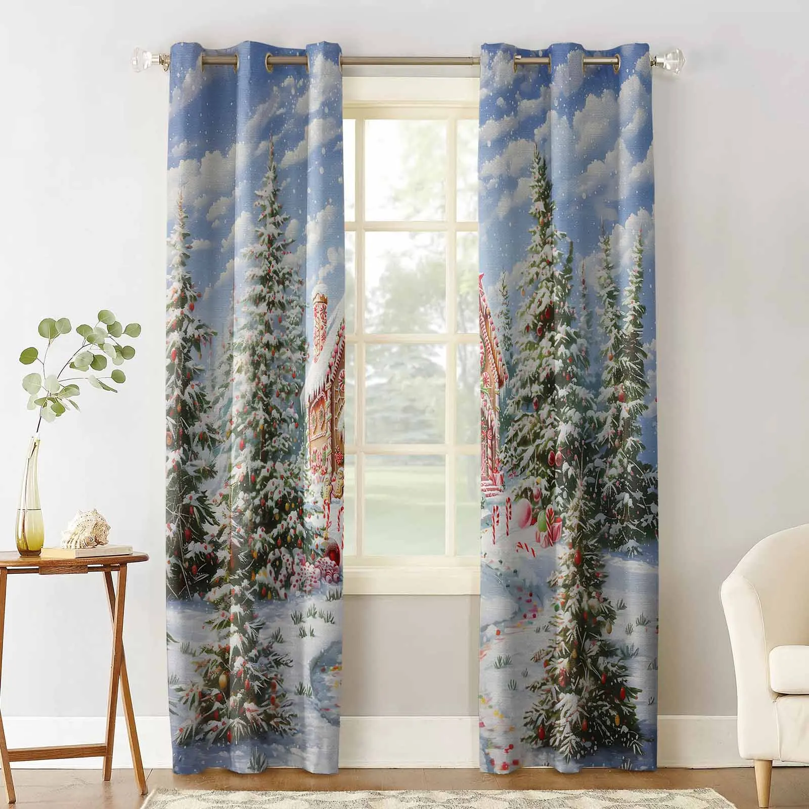 Christmas Snow Scenery Evergreen Tree Candy House Blackout Curtains For Living Room Bedroom Window Treatment Blinds Drapes