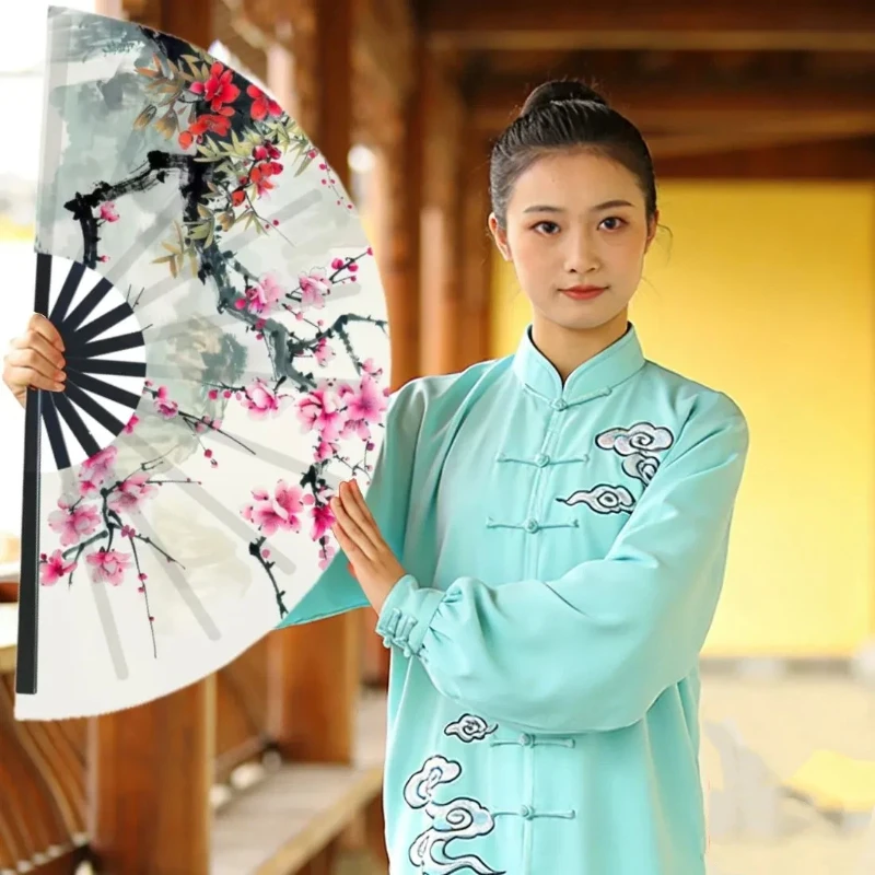 Ink-wash Peach Blossom Folding Tai Chi Fan Girl Hanfu Qipao Photography Prop Summer Cooling Dancing Fan Chinese Kung Fu Fitness