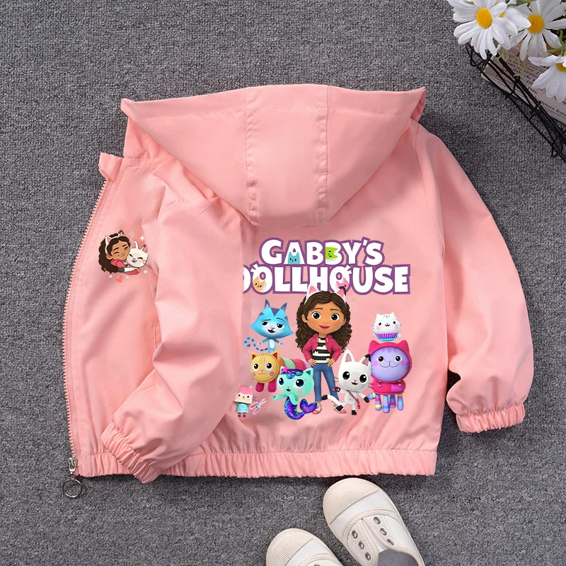 

Gabby Dollhouse Girls Spring Jacket Thin Hooded Coats Cute Cat Cartoon Anime Print Comfortable Fashion Kids Outerwear Baby Gift