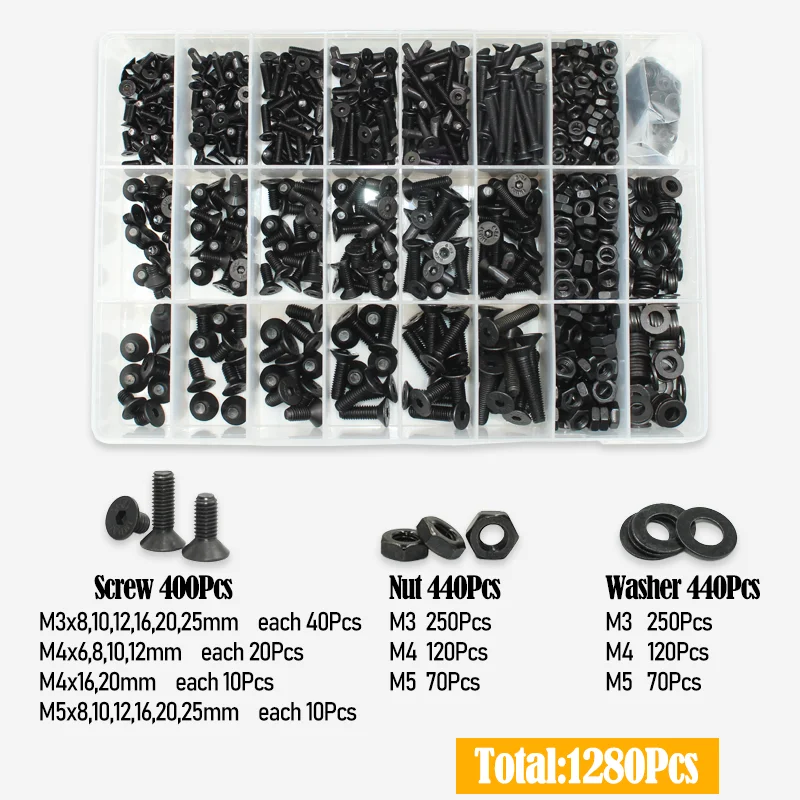 2520 Teile/satz Flachkopf Innensechskantschraube Schwarz Güteklasse 10,9 Stahl Innensechskant Flachsenkkopfschraube Bolzen Mutter Unterlegscheibe Kit – Detail 5