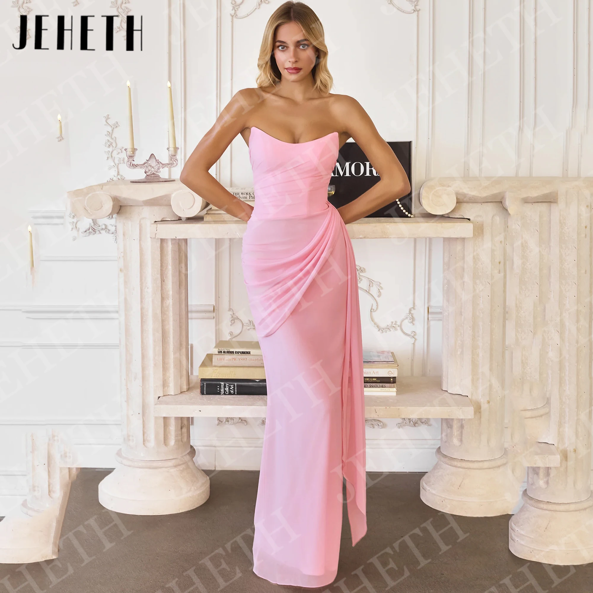

JEHETH Evening Dress Strapless Elegant Floor Length Mermaid Chiffon Pink Wedding Guest Dresses Woman Sleeveless Customized 2026