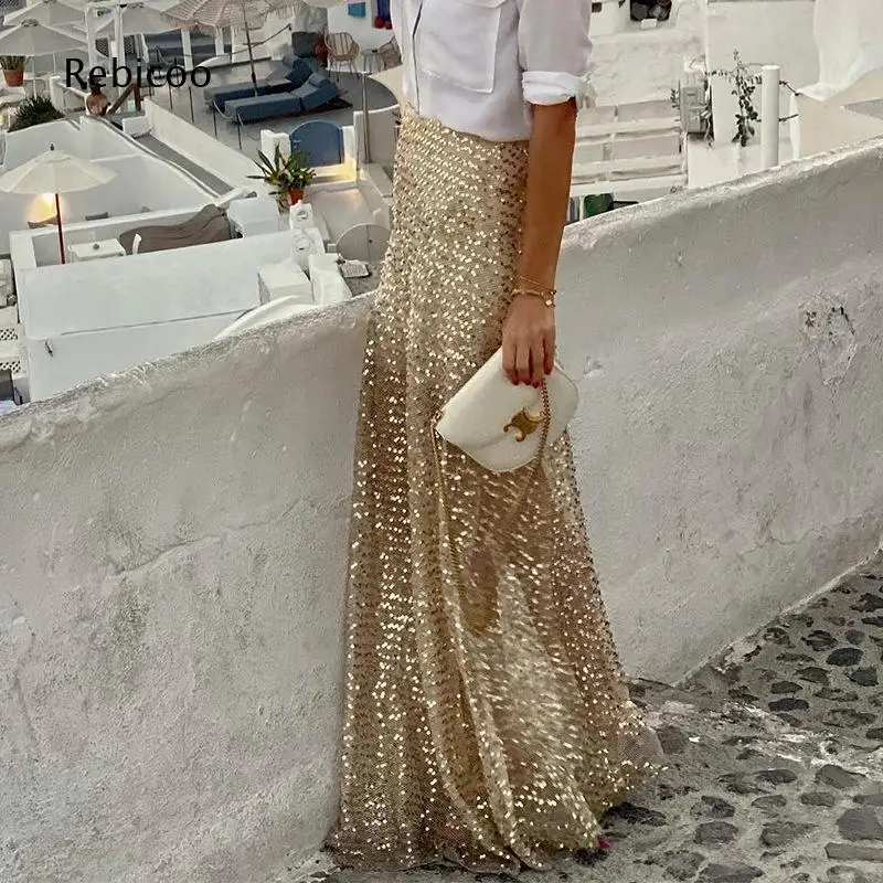 Women Sequin Maxi Skirt High Waist A Line Flared Silhouette Sparkly Long Skirt For Party Evening And Holiday Occasions