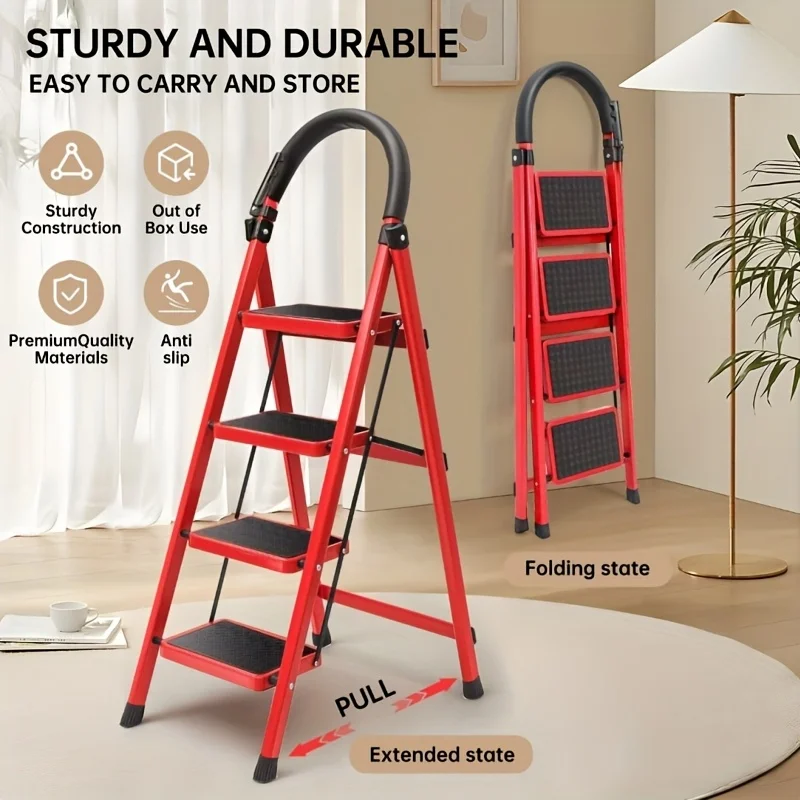 3/4/5-Step Durable Folding Ladder, 500 Lb Weight Capacity, Lightweight Portable Folding Ladder | Heavy-Duty Anti-Slip Steps, Sturdy Design, Suitable for Home and Industrial Use, Ideal for Homes, Garages, Workshops, Construction Sites, with Stable