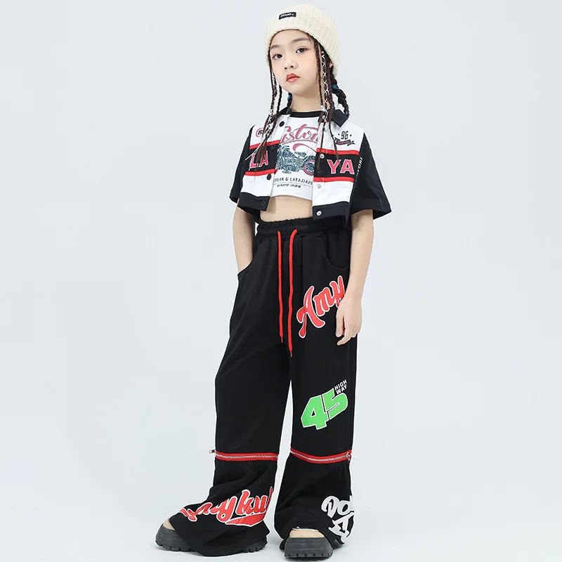 Streetwear Dance Costume Kids Lapel Patchwork Motorcycle Jackets Letter Print Black Flared Pants 2pcs Hip Hop Costumes for Girls