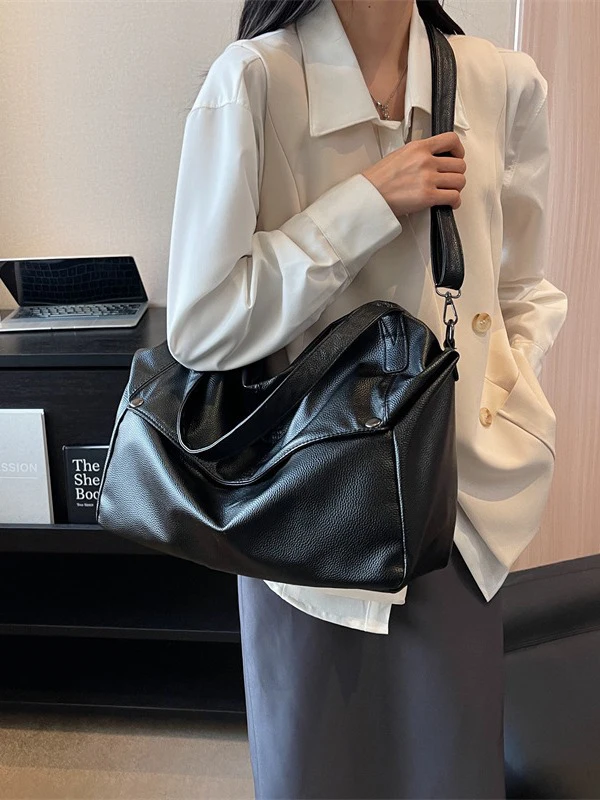 SHELKSBAG Large Capacity Soft PU Leather Tote Bag Women Casual Litchi Grain Shoulder Crossbody Bag Removable Strap Work Handbag