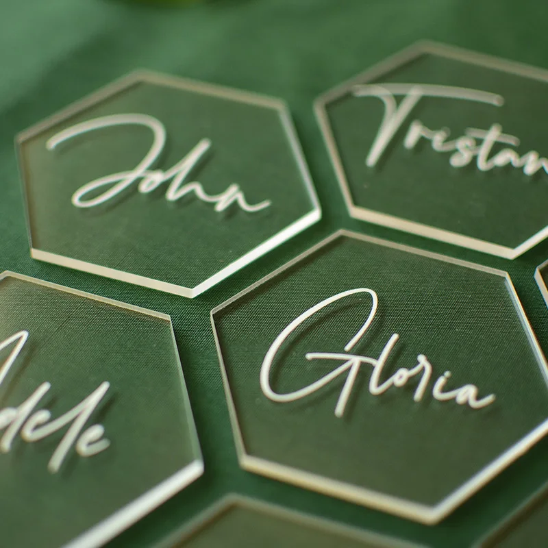 

60/80/100 шт. 8/10 см прозрачные акриловые шестиугольные пустые карты лист лазерной резки свадебные приглашения 100 шт. номера стола имя гостя