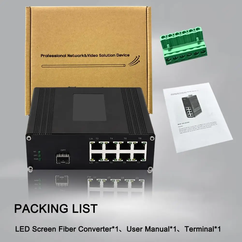 8X10/100/1000Base-T RJ45+1x10GBase-X, 12-48VDC, SFP, LED Screen Fiber Converter, 1x10G SF P+ Fiber Port , 20KM Transmission,