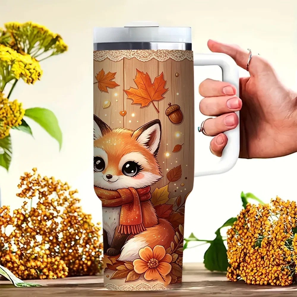 40Oz Tumbler with Handle, Cute Autumn Fox Fall Leaves Print Tumbler, Suitable for Women And Men for Daily Use, Perfect for Fall Outdoor Trips, Fits Both Hot And Cold Drinks