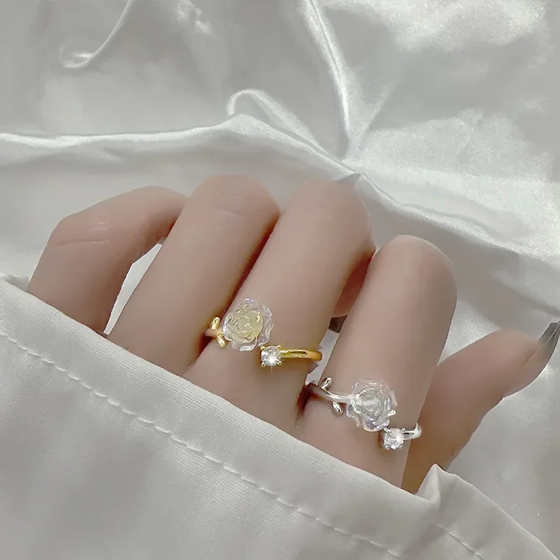 Xingyunday Sweet Zircon Rose Ring for Female Korean Retro Flower Adjustable Ring Trendy Fashion Silver Gold Color Jewelry Gifts