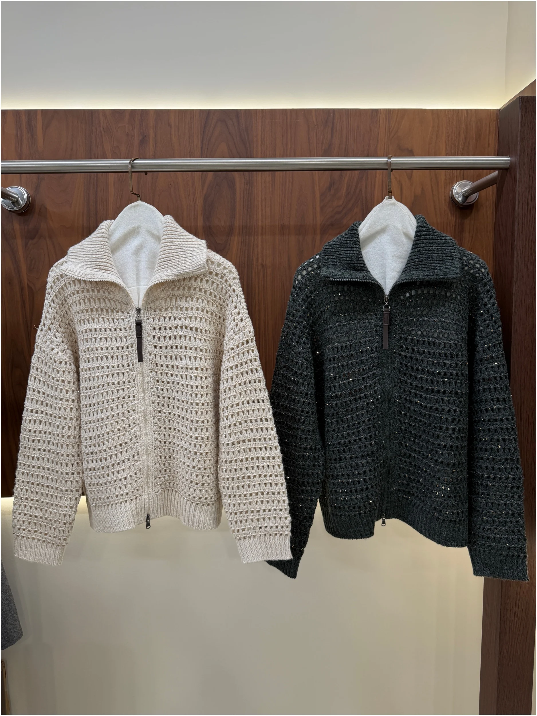 2026 Fall/Winter  Women's Sequined Cut-Out Zip-Front Wool Knit Cardigan