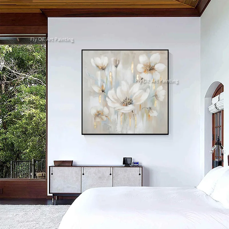 Original Hand‑Painted Textured Flower Bouquet Thick Canvas Wall Art Neutral Botanical Oil Painting For Apartment Wall Decor