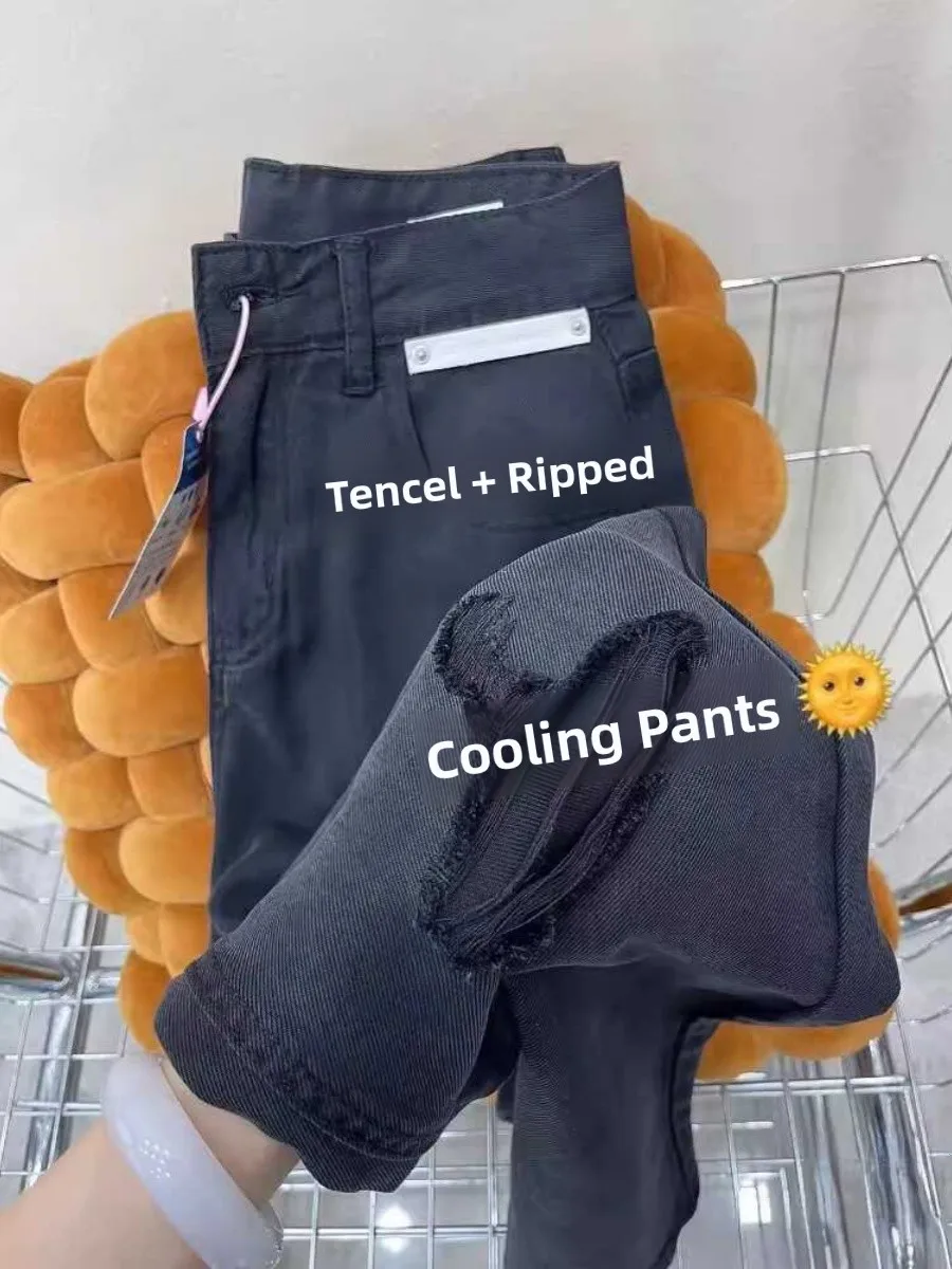 Summer Thin High Waist Drapey Lace-Up Denim Jeans Women's Large Size Wide Leg Long Pants Ice Silk Hollow out Casual Trousers