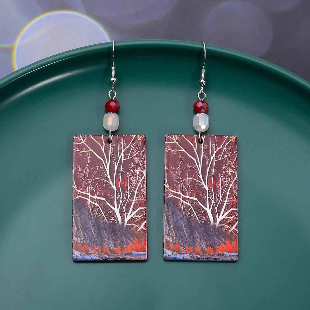 New In Fashion Acrylic Vintage Earrings For Women Elegant Hot Selling Jewelry Red Brown Print Forest Tree Pattern Trend 2024