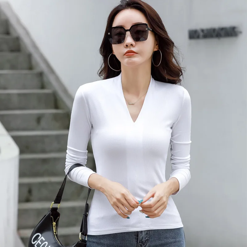 MRMT 2024 Brand New Womens T Shirts Long-Sleeved v-Neck Sexy Bottoming Shirt Women Tops Slim T-Shirt Woman Tees Knit Sweater