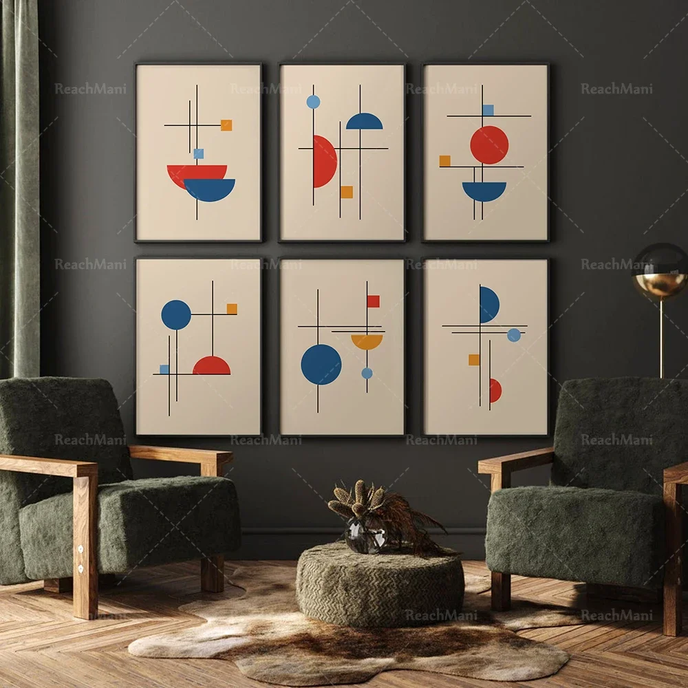 Bauhaus prints, geometric abstract wall art, Bauhaus posters, red navy blue mustard gallery wall decor pictures