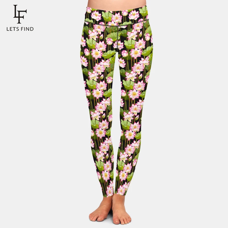 LETSFIND High Quaility Women Fitness TrousersLegging Fashion High Waist 3D Lotus Flowers Pattern Print Slim Pants