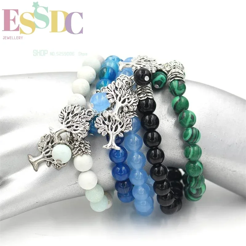 8mm Natural Stone Beads Bracelet Tree Pendant Elastic Rope Energy Purple Onyx Tiger Eye Unisex Jewelry Wholesale