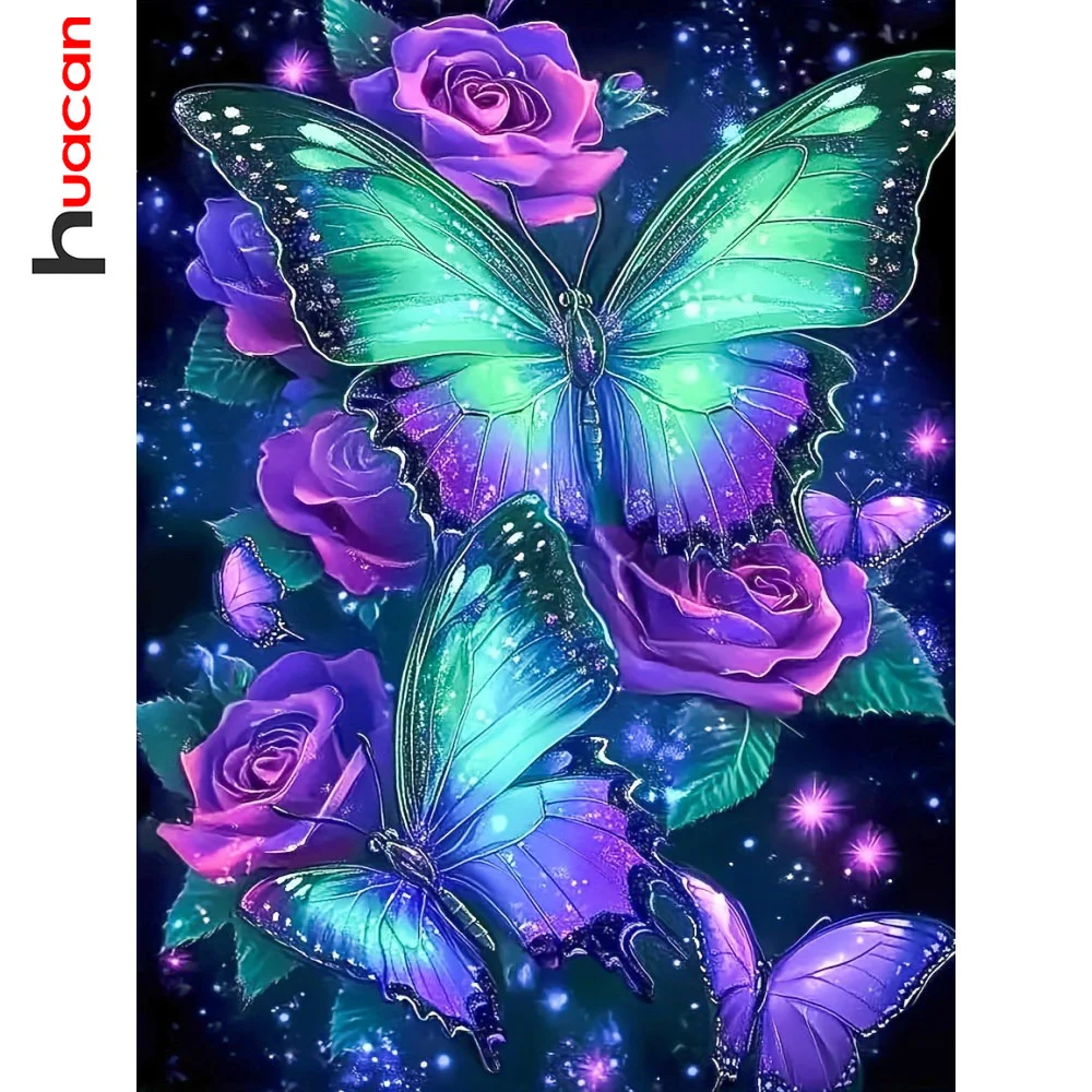 Huacan Tier-Diamant-Malerei-Set, Schmetterling, 5D, voll, quadratisch, rund, DIY, Rose, Blume, Diamant-Mosaik, Fantasie, Heimdekoration
