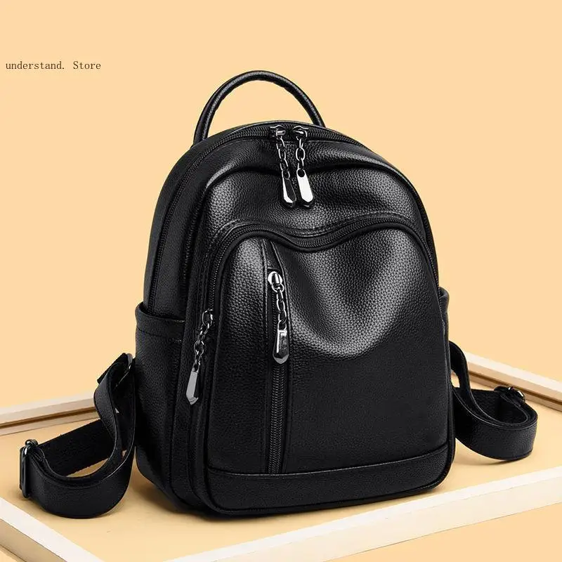Pu Soft Leather Simple Commuting Pure Color Versatile Large Capacity Korean Version Portable Backpack for Women