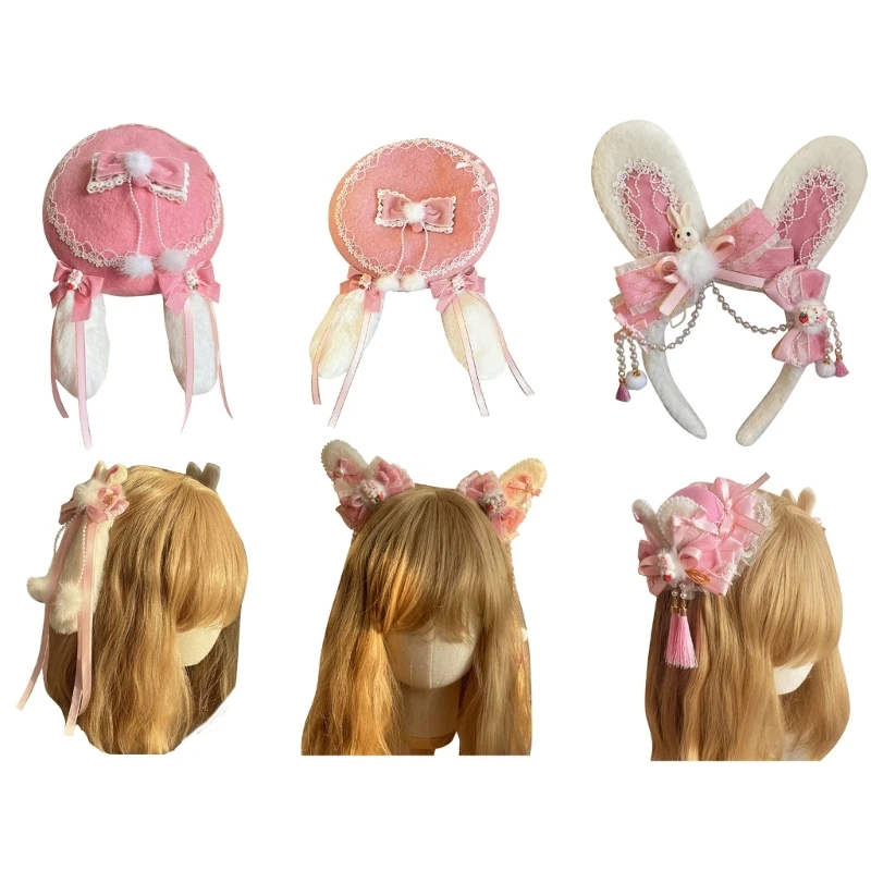 Girls Furry  Pink Bowlers Hat Ribbon Tassels Hair Clips New Year Costume