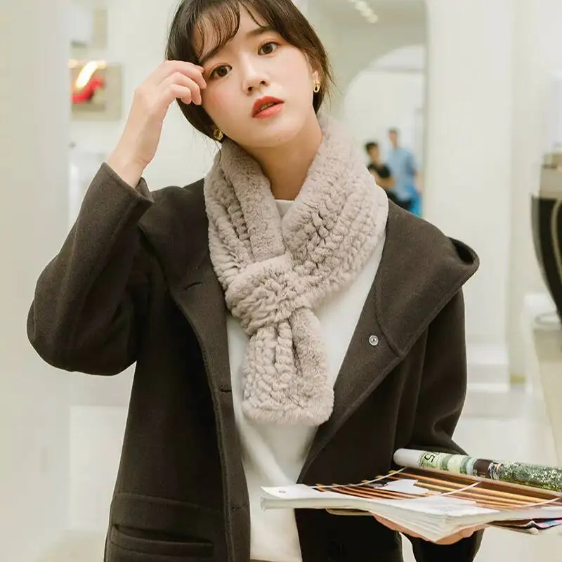 Real Rex Rabbit Fur Knitted Scarf For Women Winter Thickened Warm Plush Neck Warmer Russian Women Outdoor Natural Fur Scarves