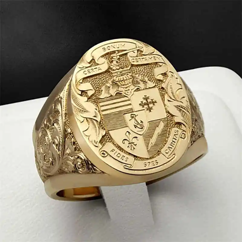 Anillo de padrino tallado vintage de oro amarillo de 18 quilates explosivo, anillo de boda de compromiso para hombres mayores