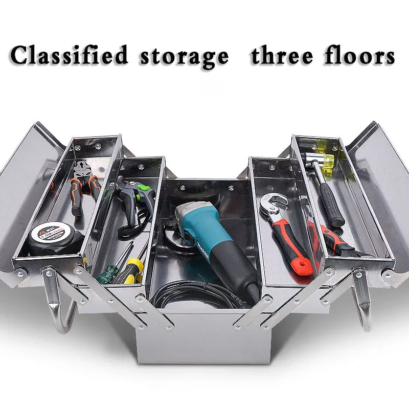 Upgrade Stainless Steel Tools Box Professional Complete Toolbox Metal Side-opening Double-handle Storage Folding Tool Storage