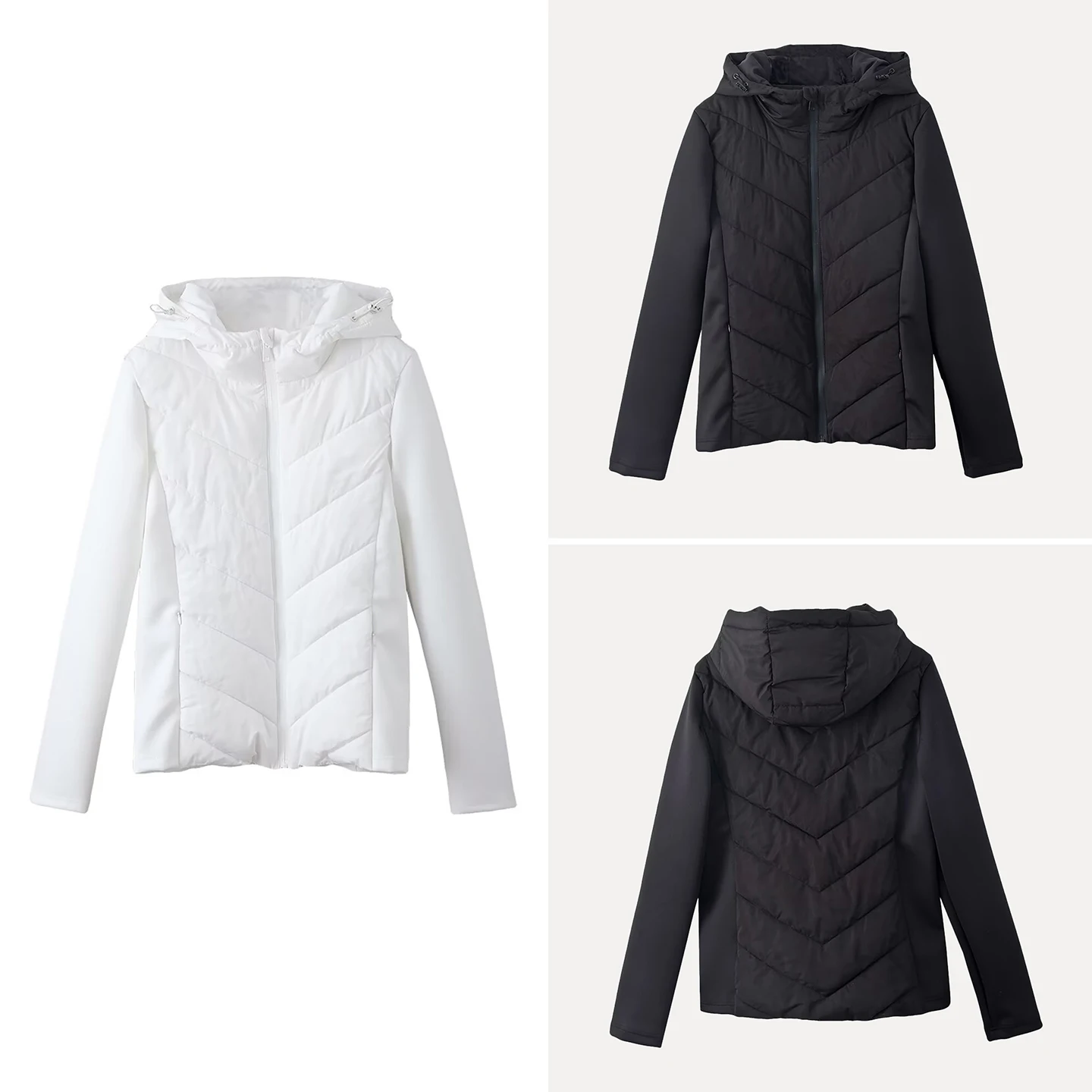 

Ele Spliced Quilted Hooded Zipper Women's Jaet Commute Sle Long Sve Regular Fit Pure Color Autumn New Arrival