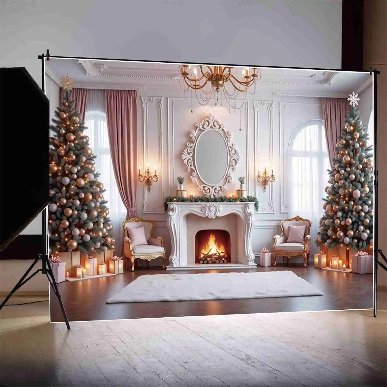 qg luxo grande árvore de natal pano de fundo neve pinho lareira fotografia fundo crianças estúdio photocall suprimentos