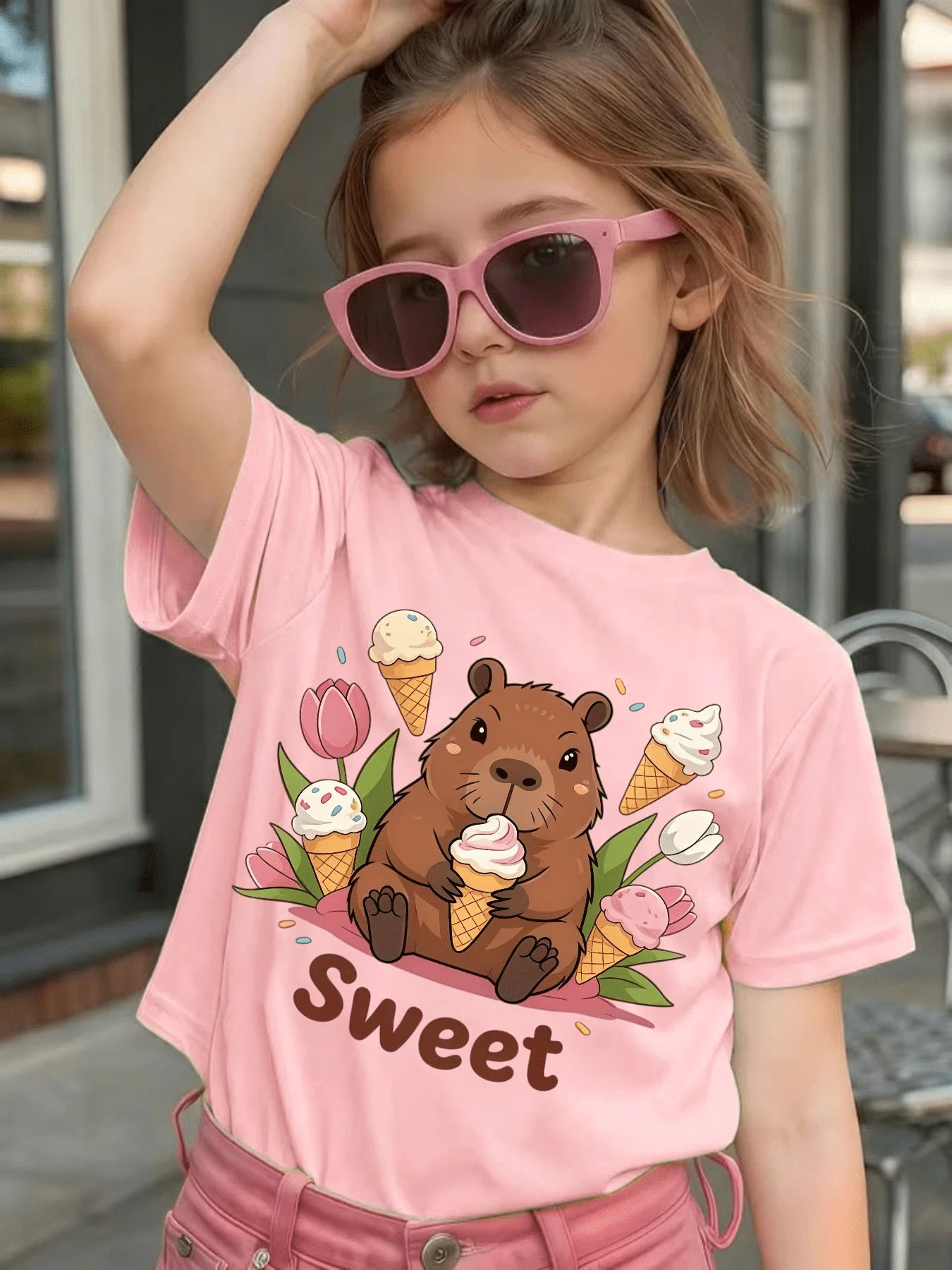 Cute Sweet Capybara Ice Cream Graphic Kids Tee Boys Girls Family Matching Cotton Crew Neck Short Sleeve Soft Casual Summer Tee