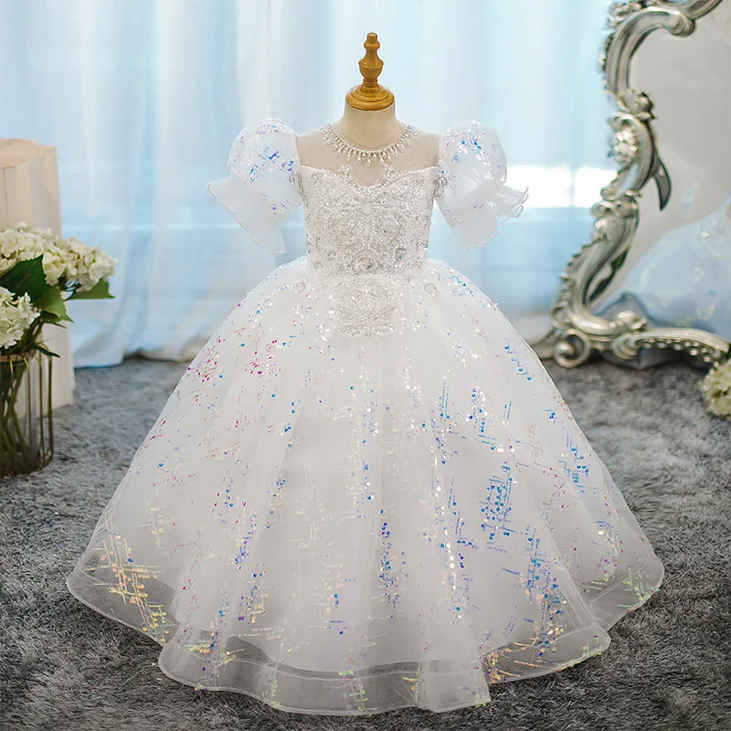 Vestido de baile personalizado para bebês, vestidos de flores para meninas, apliques, mangas bufantes, princesa, baile, festa de aniversário