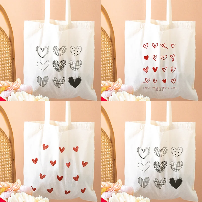 

Tote Bags with Red Heart Valentines Day for Lovers Wife Specia Gift Canvas Shopping Ecobag Foldable Shoulder Handbag for Women