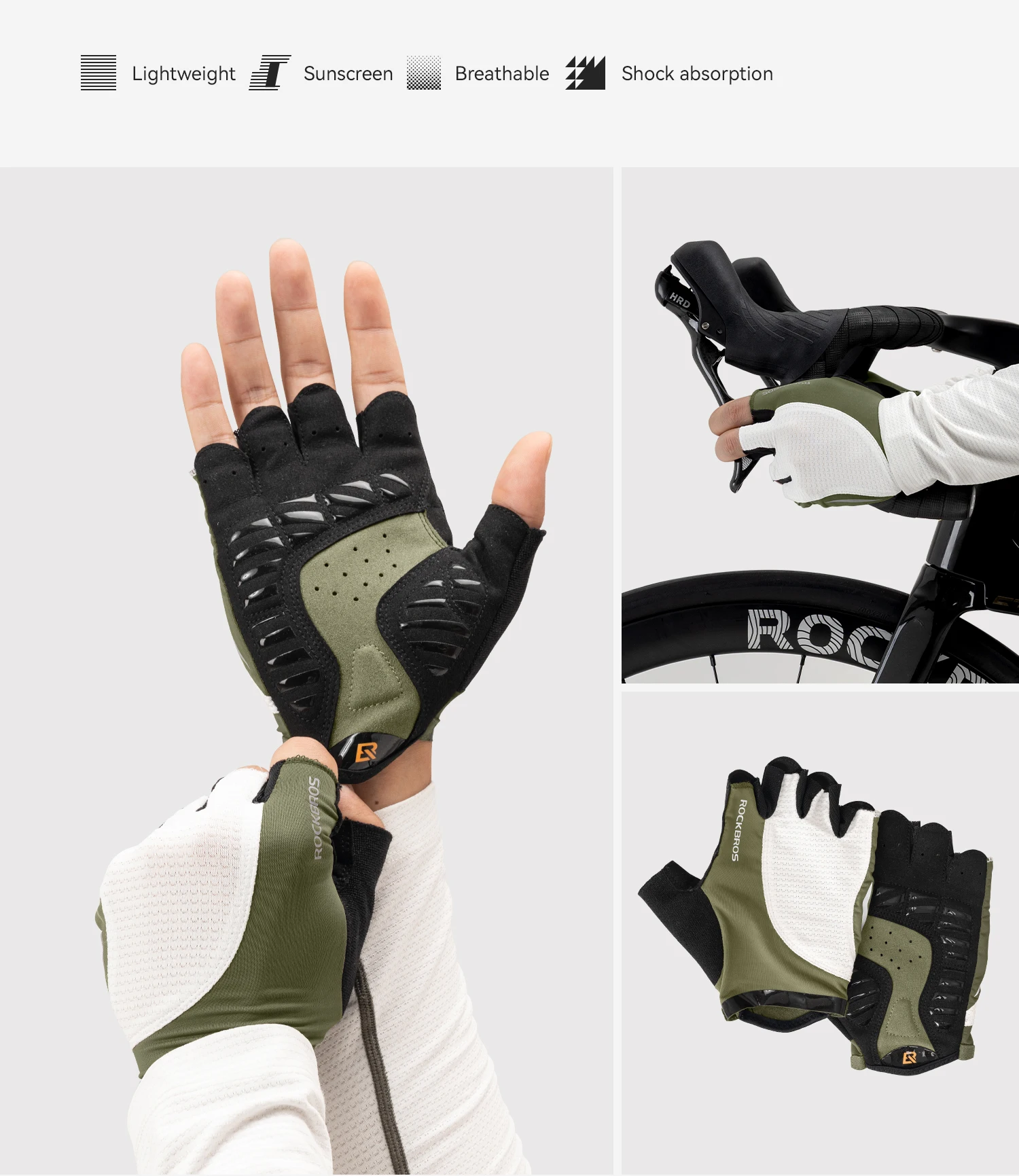 ROCKBROS Fahrradhandschuhe für Männer und Frauen, Sommer, atmungsaktiv, halbe Finger, rutschfest, SBR, stoßfest, photochromatische Fahrradhandschuhe – Detail 3