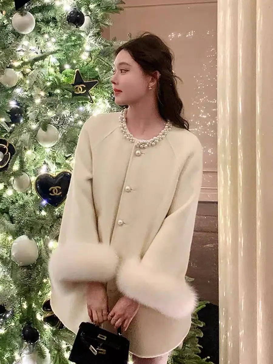 Autumn Winter High End Diamond Double Sided Wool Coat Woman Single Breasted Fox Fur Cuff Female Cloak Loose Woolen Jacket Coats