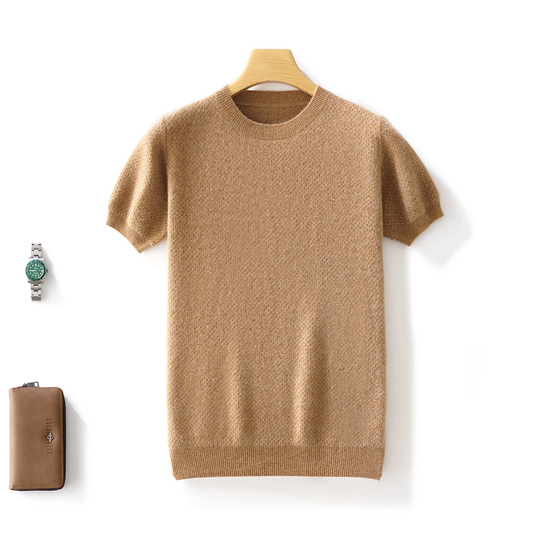 基本的な 100% メリノウール無地 O ネックセーター半袖プルオーバーカシミヤルーズソフト快適な紳士服トップ