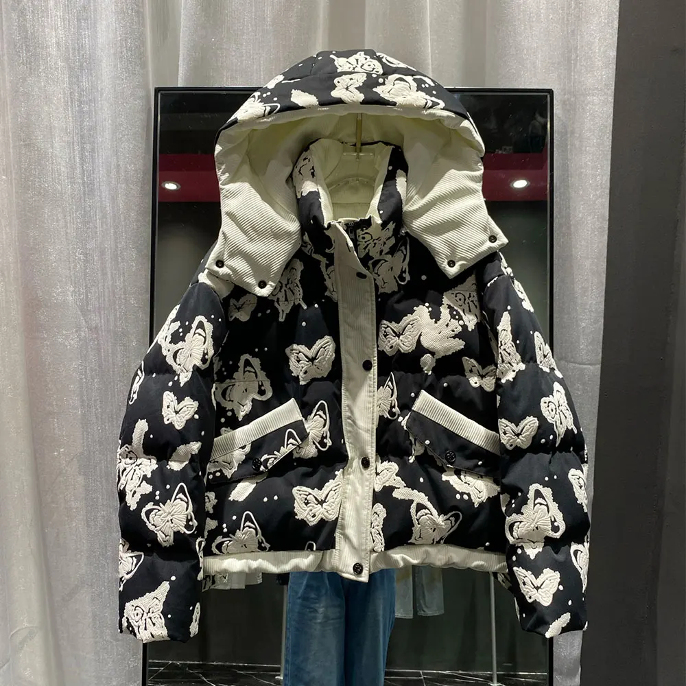 Parka corta para mujer, chaqueta de plumas de mariposa Floral a la moda, chaqueta cálida con capucha para mujer, abrigo informal de manga larga con plumón de pato