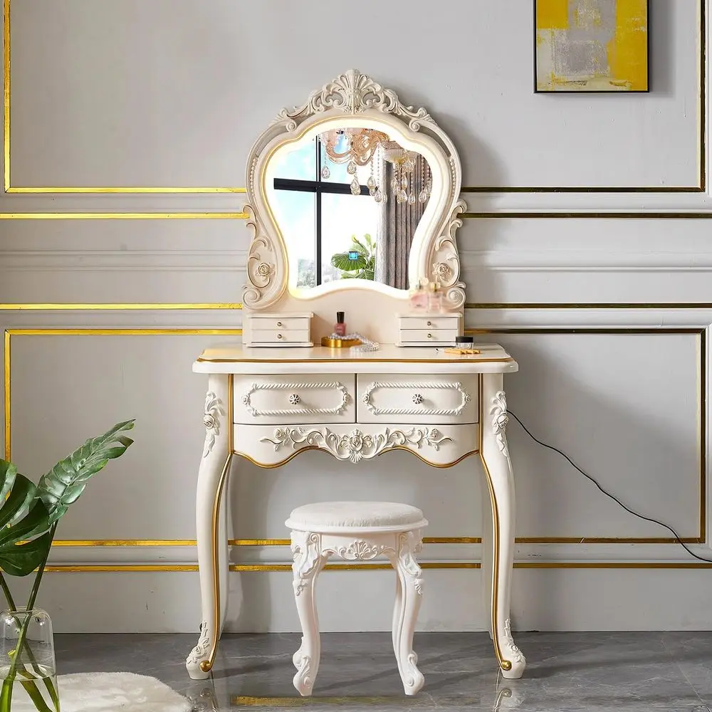 Table,Vanity Desk with Drawers and Cushioned Stool,Makeup Vanity Table Set with Mirror and Light,European RetroA