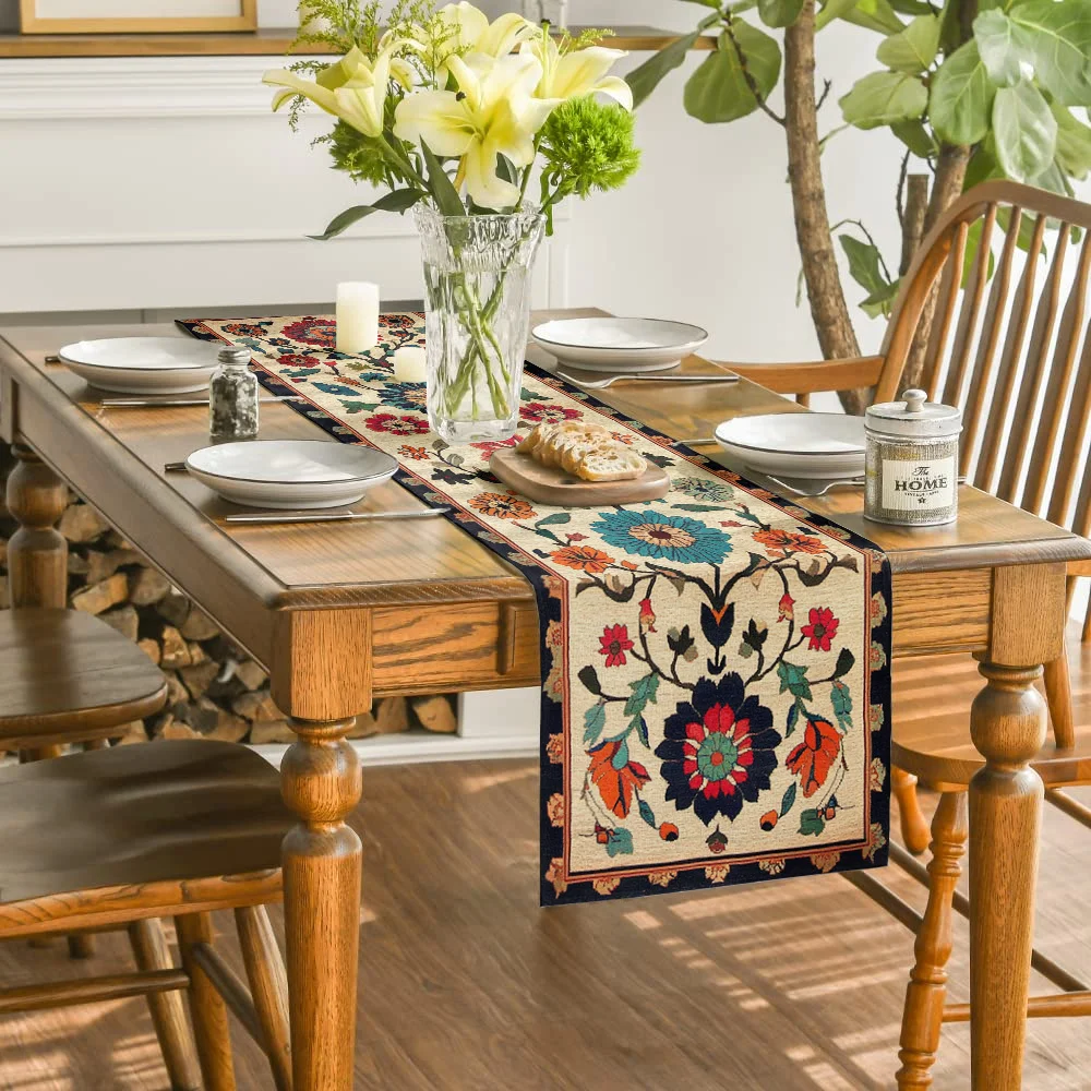 Ethnic Floral Table Runner - 1PC Vibrant Colorful Botanical Totem Clear Print Cover for Spring Summer Dining Table
