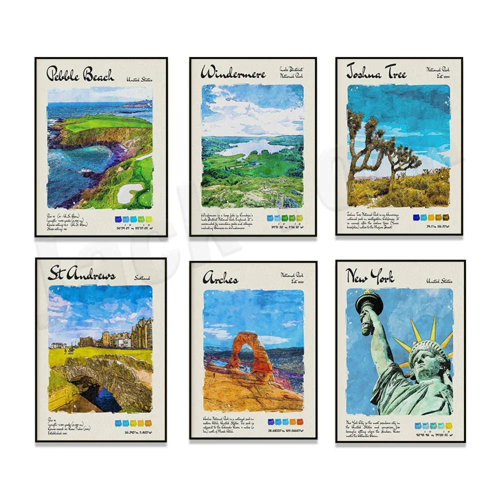 

Watercolor travel poster of St Andrews, Pebble Beach Golf Course, Madrid, Loch Ness, Arch, Windermere Lake District National Par