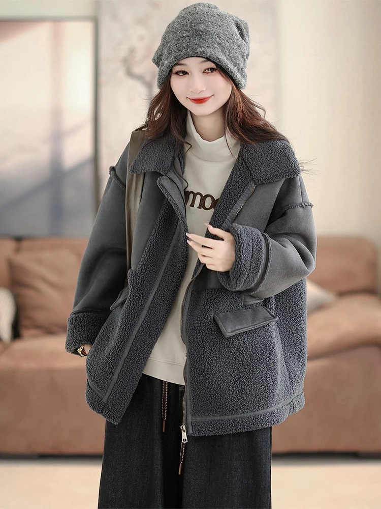 Amax LuluE European Winter Womens Fashion Warm Faux Leather Jackets Ladies Loose Casual Fur PU Coats Thicken Vintage Outerwear