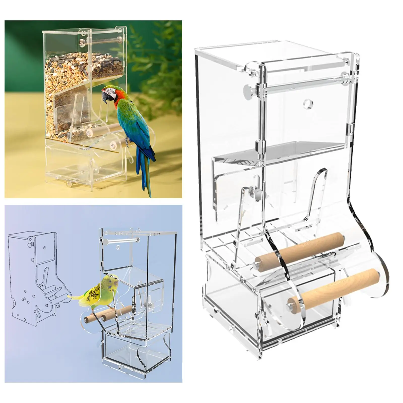 No Mess Bird Feeder Cage Hanging Food Dish Acrylic with Perch Pet Feeder for Lovebirds Canaries Conure Small to Medium Birds