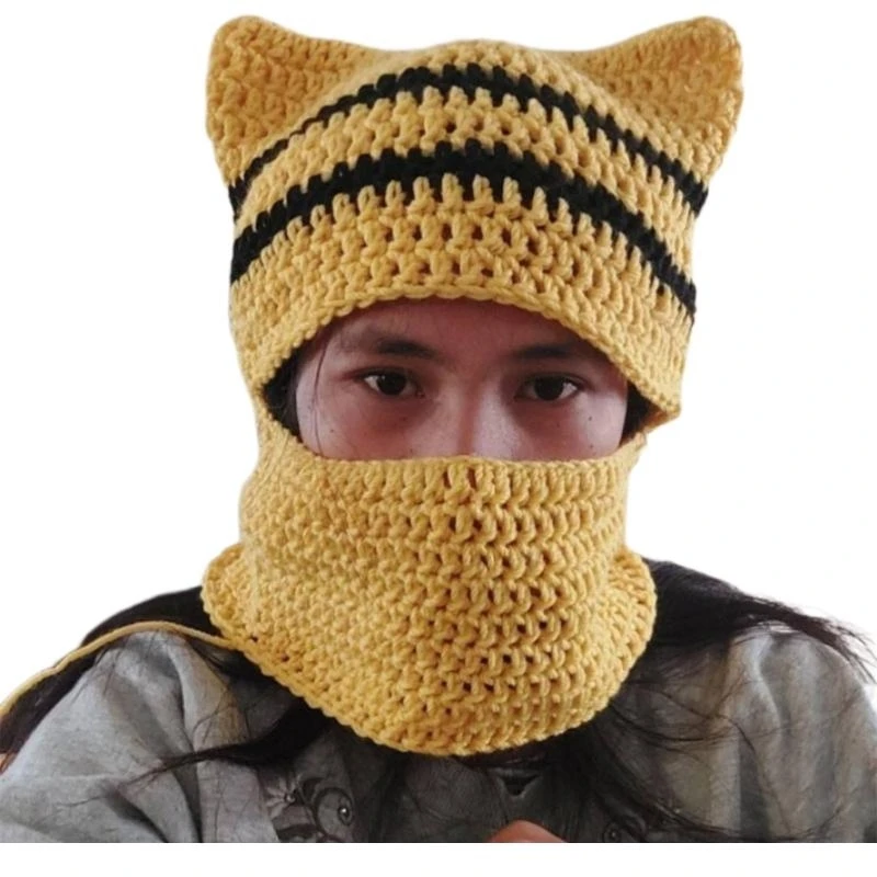 Balaclava Neck Protect Hat with Devil Ear Decor Winter Knit Hat for Adult